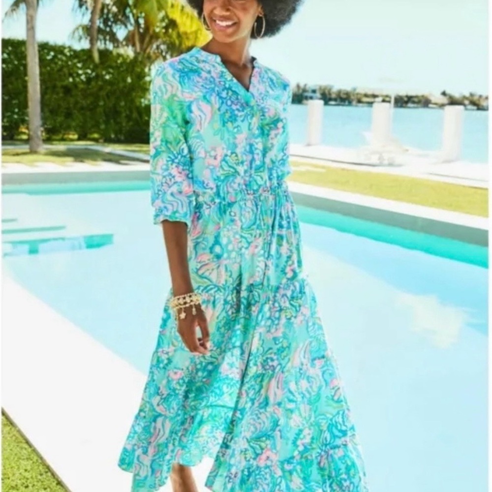 Lilly Pulitzer Cori Stretch Midi Shirtdress-Aqua La Vista